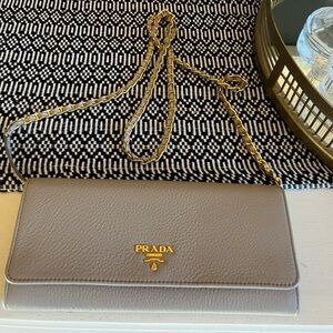 Prada Saffiano Wallet with removable chain strap.